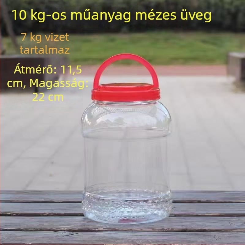 5 kg mézes műanyag üveg, átlátszó, vastagított, fedővel, élelmiszer-minőségű zárható edény