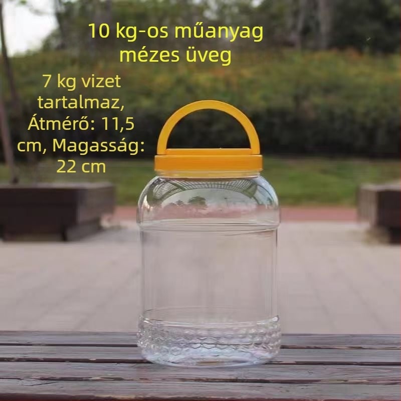 5 kg mézes műanyag üveg, átlátszó, vastagított, fedővel, élelmiszer-minőségű zárható edény