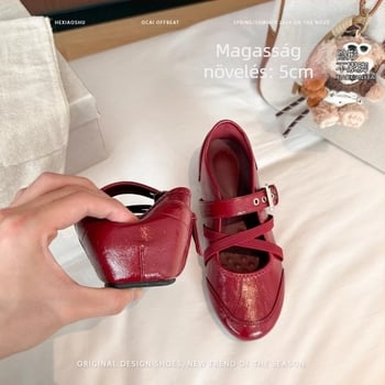 Langui Edition Piros női mindennapi cipő, puha bőrből, 5 cm rejtett magasságú növeléssel, francia retro stílusú keresztpántos balerina