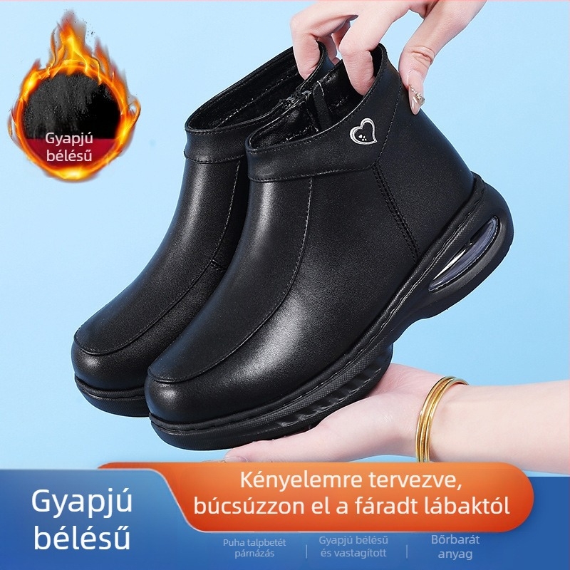 Női ápolói cipő fleece-beléses és légpárnás talppal, valódi bőr, minden évszakban, vastag csúszásmentes talppal, lapos és puha talpú munka cipő az egészségügyben