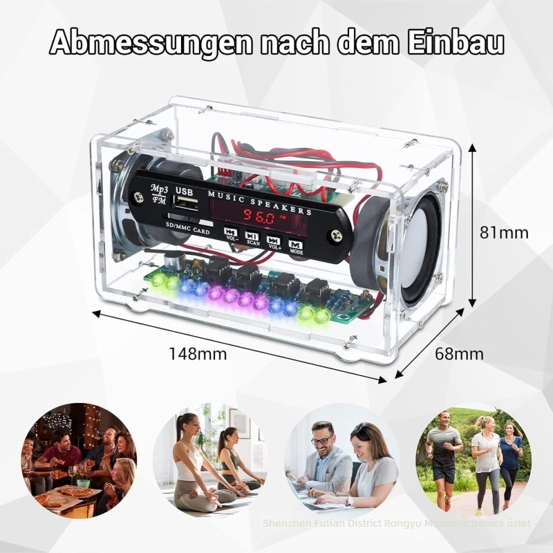 Bluetooth hangszóró készlet FM rádióval, audio kártya-nyílással, LED hang-aktivált szintjelző, akril ház részei