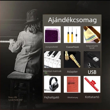 Elektromos zongora ajándékcsomag: billentyű matricák, zongorafedél, fejhallgató, Android OTG adapter, USB-kábel, tisztító kendő, kotta klipek