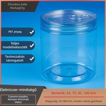 PET átlátszó zárható élelmiszer-minőségű műanyag edény sütikhez, édességekhez, aszalt gyümölcsökhöz, diófélékhez és goji bogyókhoz; könnyen húzható fedél és csavaros kupak