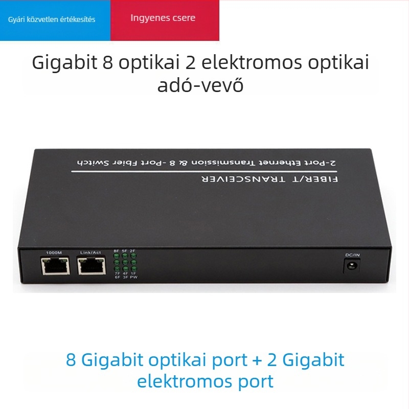 Gigabites optikai transzceiver, 8 optikai port és 2 elektromos port, monomódus egyetlen szál optika, SC-porttal, aggregációs kaszkád kapcsoló, 3 km