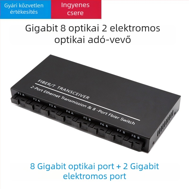 Gigabites optikai transzceiver, 8 optikai port és 2 elektromos port, monomódus egyetlen szál optika, SC-porttal, aggregációs kaszkád kapcsoló, 3 km