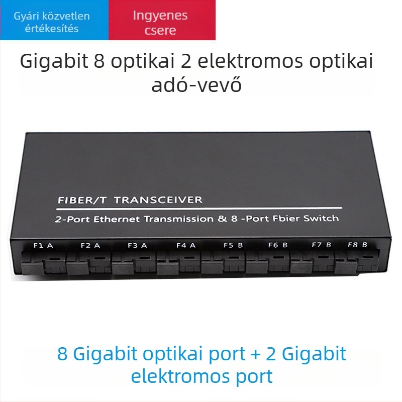 Gigabites optikai transzceiver, 8 optikai port és 2 elektromos port, monomódus egyetlen szál optika, SC-porttal, aggregációs kaszkád kapcsoló, 3 km