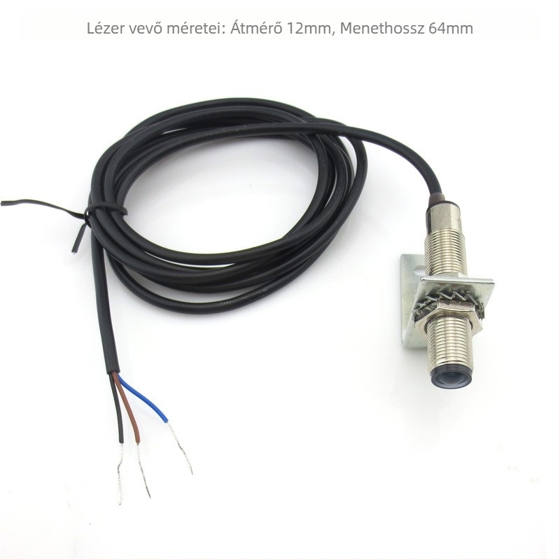 NPN áthaladó lézer szenzor, 12 mm, 10–30 V DC, normálisan nyitott/normálisan zárt típus, látható fény vevő és adó