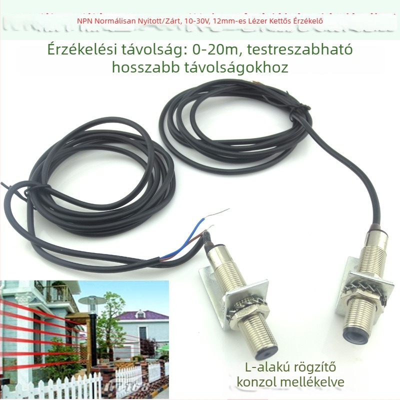 NPN áthaladó lézer szenzor, 12 mm, 10–30 V DC, normálisan nyitott/normálisan zárt típus, látható fény vevő és adó