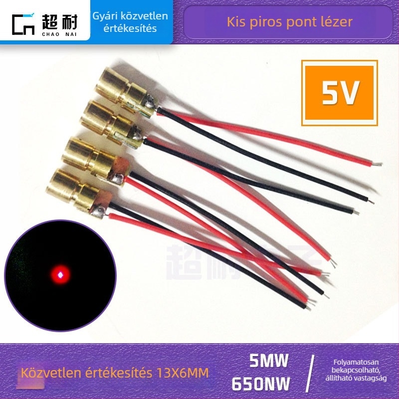 5V-os piros pont alakú lézerfej, 6x13 mm lézermodul, 650 nm, 5 mW, pozicionáló fény