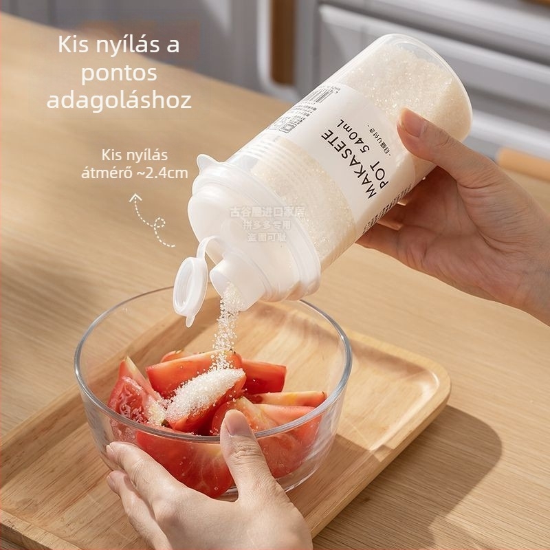 Zárható cukorkonténerek adagoló üvegekkel, hengeres PET tárolóedények (301–500 ml) fehér cukorhoz, barna cukorhoz, kristálycukorhoz és keményítő tárolására