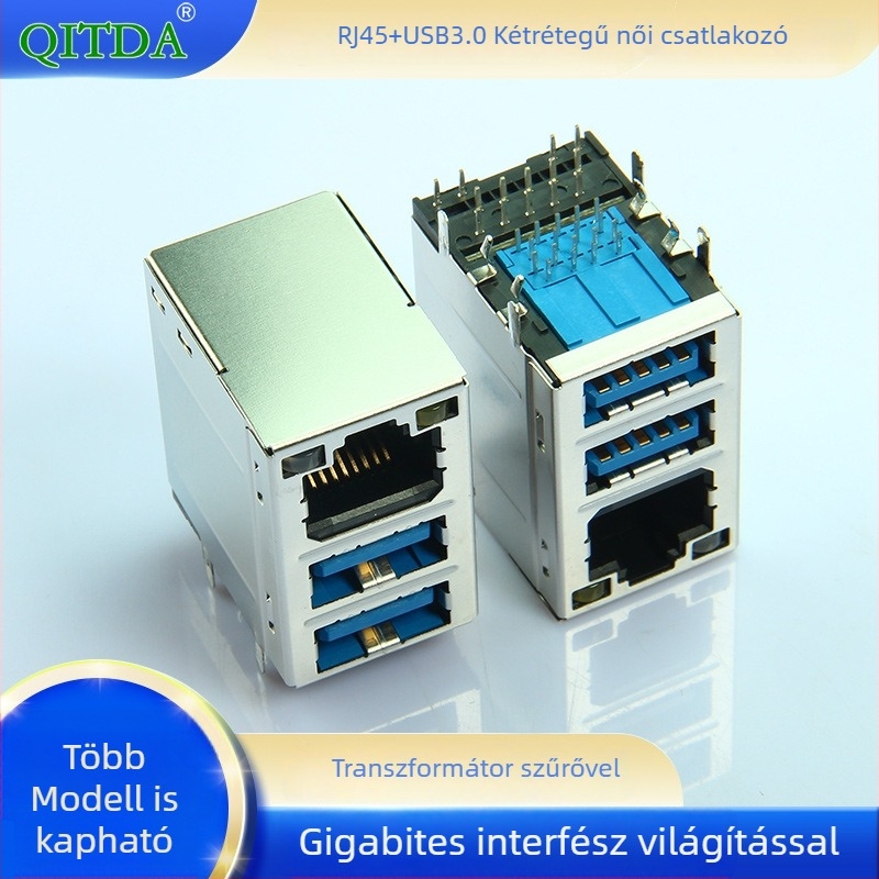 RJ45+ USB 3.0 kettősrétegű női csatlakozó integrált transzformátor-szűrővel és gigabites interfésszel LED-del