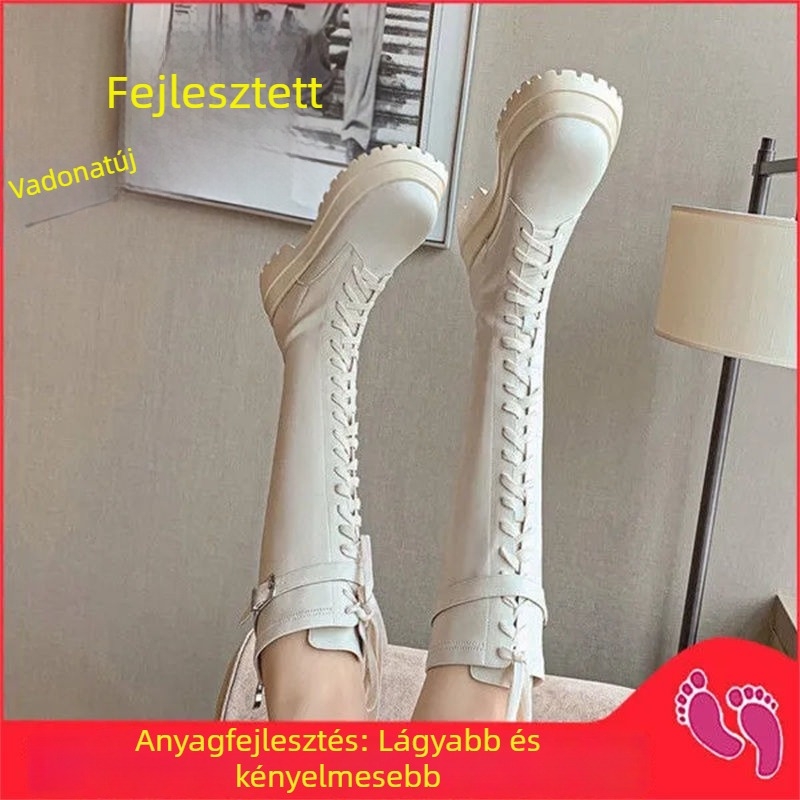 Női lovaglócsizmák elülső fűzőzéssel, egyszínű, vastag talppal, térdmagasságú, 6–8 cm sarok