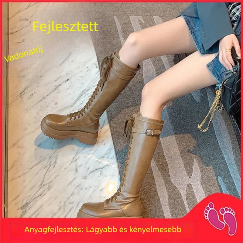 Női lovaglócsizmák elülső fűzőzéssel, egyszínű, vastag talppal, térdmagasságú, 6–8 cm sarok