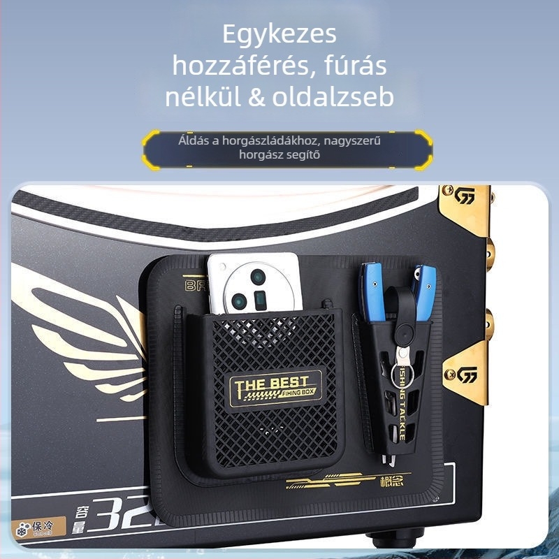 Horgászláda oldalsó táskája – multifunkcionális kiegészítők, oldalsó akasztó, olló és szerszám tároló, oldalsó zseb Velcro