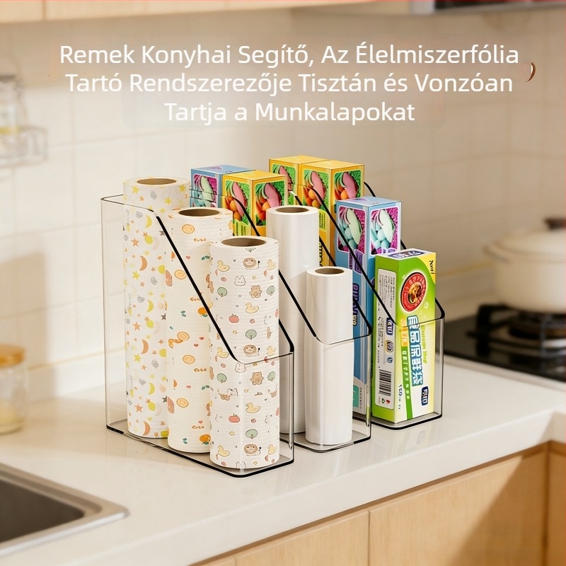 Konyhai szekrényhez tervezett műanyag fólia tároló, átlátszó rendező a műanyag zacskókhoz és szemeteszsákhoz