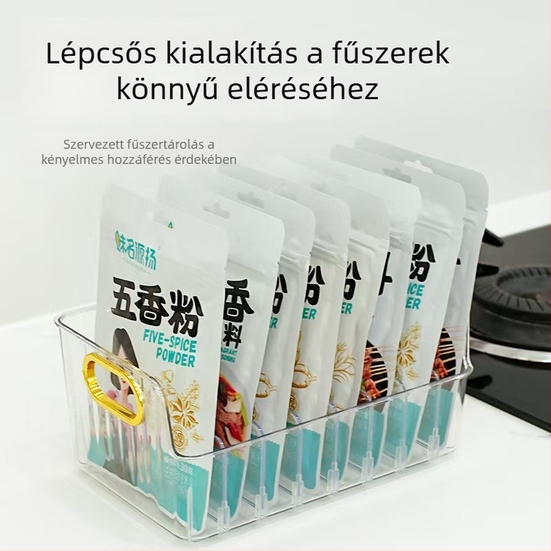 Konyhai fűszertároló doboz több rekesszel és integrált tálcával