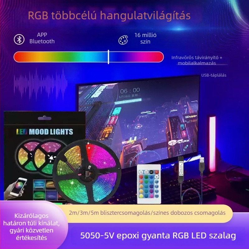 USB-s RGB LED szalag szett játék háttérvilágításhoz, 5V alacsony feszültség, 5050 RGB LED-ek, alkalmazásvezérlés