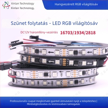 4‑vezetékes RGB LED-szalag, 12V alacsony feszültség, modellek 16703/1934/2818, színváltó hangulat- és dekoratív fény, hossz 5 m