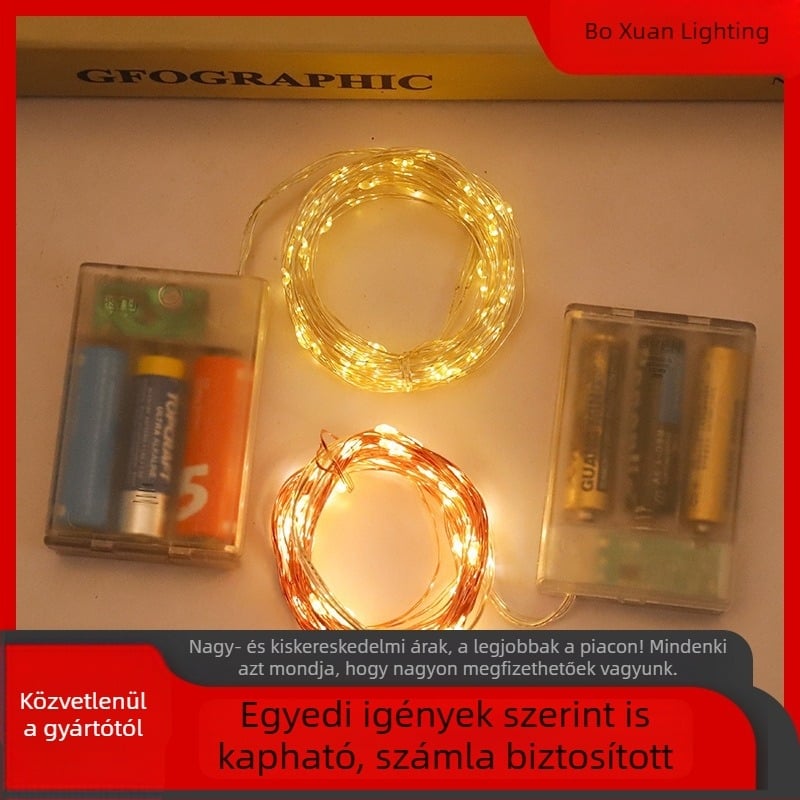 LED rézdrótos füzér akkumulátortartóval (2AA/3AA), karácsonyi dekoráció hálószobához vagy kollégiumhoz, IP43 vízálló atmoszferikus világítás