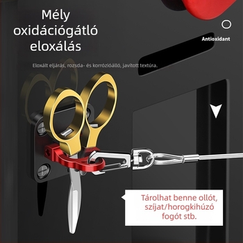 Ötvözetből készült alumínium összecsukható halászdoboz damilgyűrűvel, csattal és horoggal, olló tartóval – többfunkciós horgász felszerelés-kiegészítők