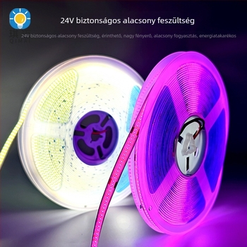 Alacsonyfeszültségű egyszínű COB LED szalag, 24V, 320 LED, 8 lm LEDenként, 10W, 180°-os fényszög, CRI 90, dimmelhető, beltéri, öntapadós