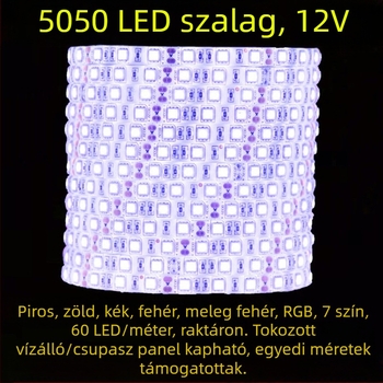12V-os LED-szalag, 5 m, 60 LED 5050 SMD, rugalmas, dimmelhető, IP65, 180°-os fényirány, CRI 80, nappali plafonhoz