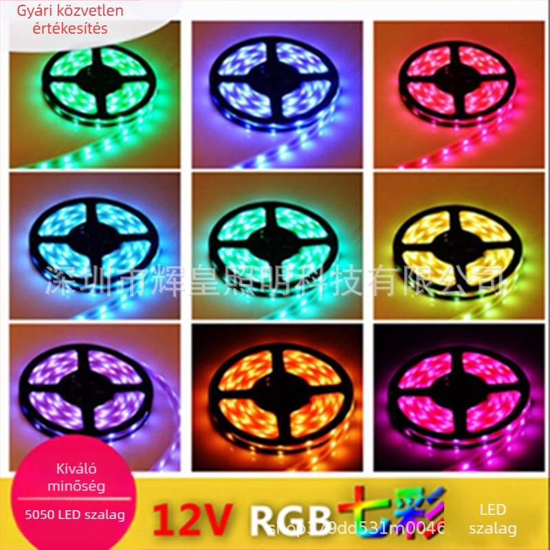 12V-os LED-szalag, 5 m, 60 LED 5050 SMD, rugalmas, dimmelhető, IP65, 180°-os fényirány, CRI 80, nappali plafonhoz