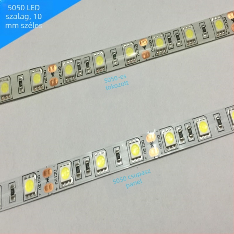 12V-os LED-szalag, 5 m, 60 LED 5050 SMD, rugalmas, dimmelhető, IP65, 180°-os fényirány, CRI 80, nappali plafonhoz