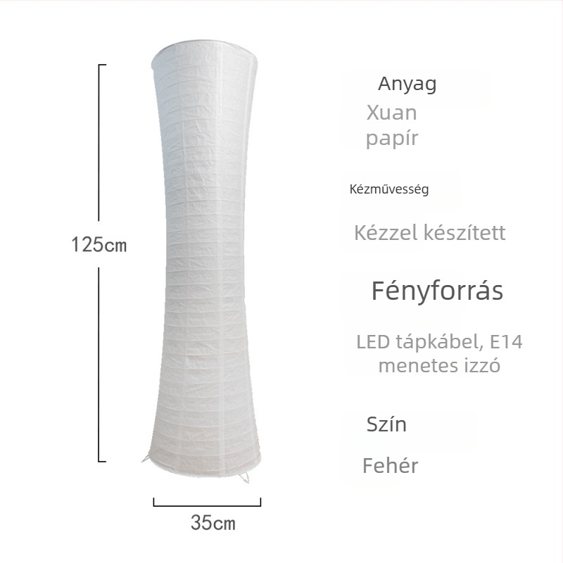 Fehér hosszú lineáris állólámpa rizspapír árnyékolóval, skandináv retro–moderns európai minimalist stílusban, ideális nappaliba, hálószobába, dolgozószobába vagy az ágy melletti használatra.