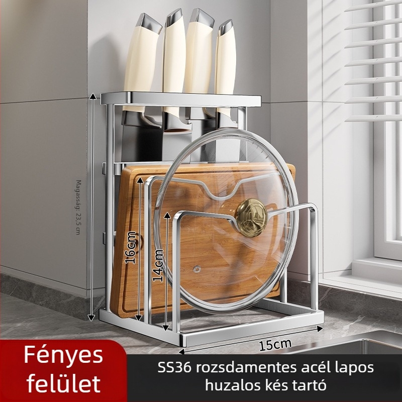 Rozsdamentes acél konyhai tároló állvány integrált kivitelben, fedőtartó, vágódeszka és kés tartó a pultra