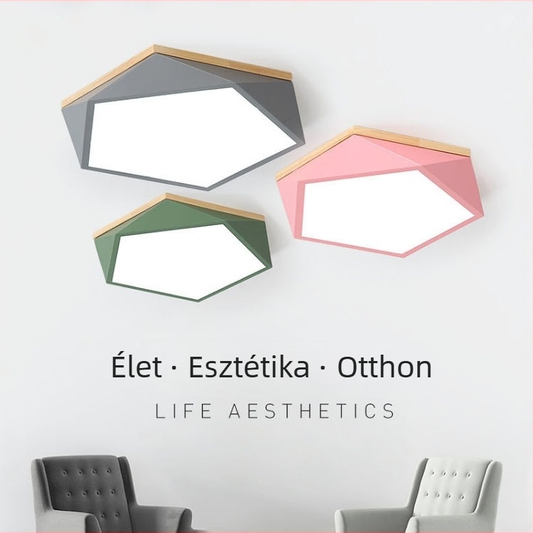 Nordic geometriai LED mennyezeti lámpa fa díszítéssel, modern minimalist stílusban hálószoba, nappali és dolgozószoba