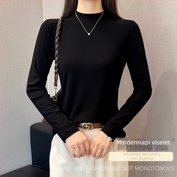 Női hosszú ujjú T-shirt halszálka mintás kötött anyagból, tavasz–ősz alapréteg, karcsúsított szabás, kerek nyak, nagy rugalmasság, karcsúsító hatás, koreai stílus
