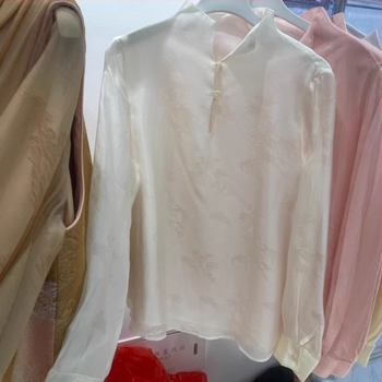 Rayon jacquard blúz álló gallérral, női, retro virágos mintázat, hosszú ujjú, laza szabás