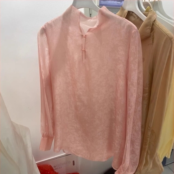 Rayon jacquard blúz álló gallérral, női, retro virágos mintázat, hosszú ujjú, laza szabás