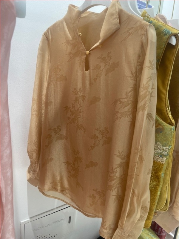 Rayon jacquard blúz álló gallérral, női, retro virágos mintázat, hosszú ujjú, laza szabás
