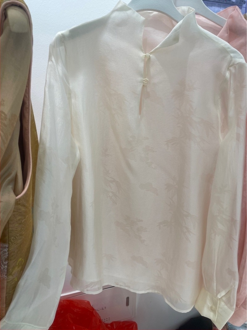 Rayon jacquard blúz álló gallérral, női, retro virágos mintázat, hosszú ujjú, laza szabás