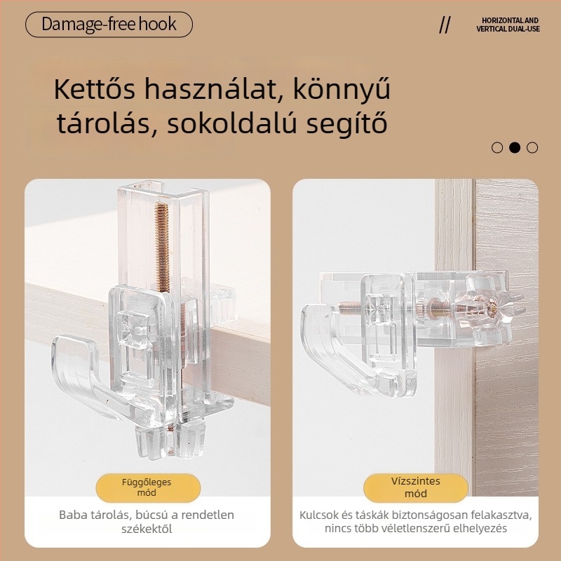 Forgó, fix szekrénykampó – többfunkciós, vízszintes és függőleges használat, átlátszó akril és réz kampó, leválasztható tároló