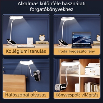 Új LED-es csíptetős asztali lámpa fekete-fehér színben, diákok számára, ideális olvasáshoz a kollégiumban és éjjeli fényként.