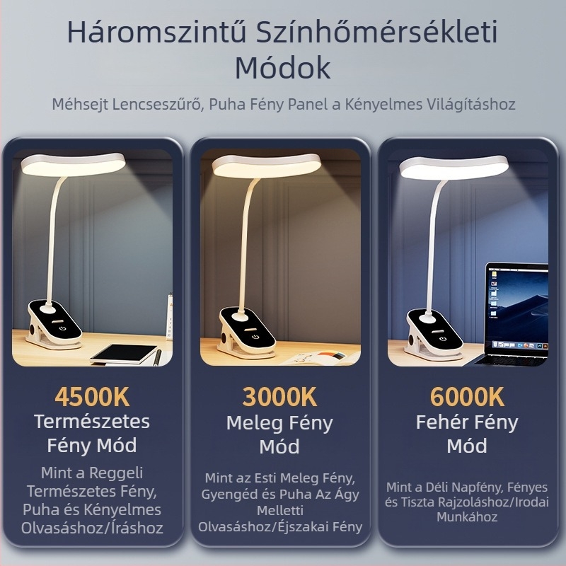 Új LED-es csíptetős asztali lámpa fekete-fehér színben, diákok számára, ideális olvasáshoz a kollégiumban és éjjeli fényként.
