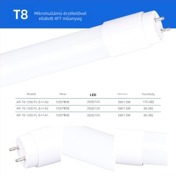 1,2 m hosszú T8 LED cső, ultranagy fényerő, 200 lm/W, magas hatékonyság, mikrohullámú érzékelő, energiatakarékos retrofit parkoló világításhoz