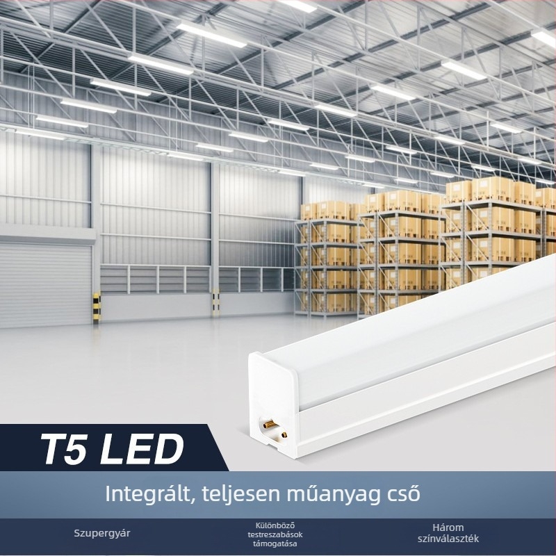 T5 integrált LED cső, teljesen műanyag testtel és négyzet alakú alumínium-plasztik tartóval, pormentes műhelyvilágítás