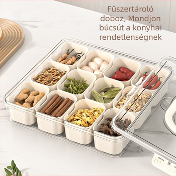 Japán stílusú konyhai fűszeres doboz osztott rekeszekkel, csillagánizs, fahéj, szecsuáni bors és szárított chilivel
