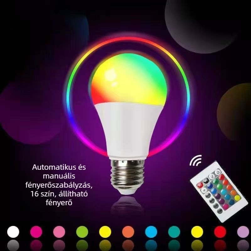 RGB intelligens LED-lámpa távirányítóval, színváltó, A60/E27 foglalat, 16 színű hangulatlámpa