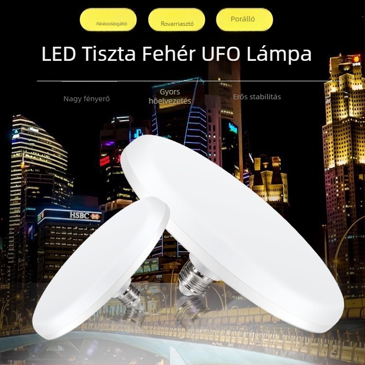 LED-lámpa repülő tányér alakú, E27-es foglalattal, energiatakarékos fehér fénnyel, beltéri és kültéri használatra