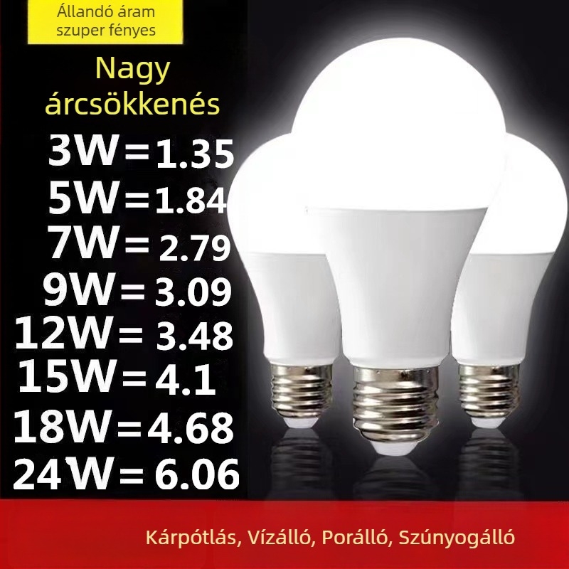 Otthoni használatra való LED izzó, energiatakarékos, ultra fényes, E27 csavaros talp, B22 bajonett foglalat, fehér fény, nagy teljesítményű lámpa