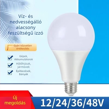 12V LED izzó, alacsony feszültségű AC/DC, bemenet 12–85V, E27 foglalat, alumínium ház műanyag bevonattal, fehér / melegfehér fény