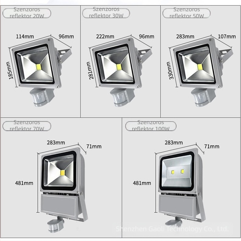 Mozgásérzékelős LED reflektor kültéri használatra, 12–48V, falakra, udvarokra és alagutakra, 10–100W