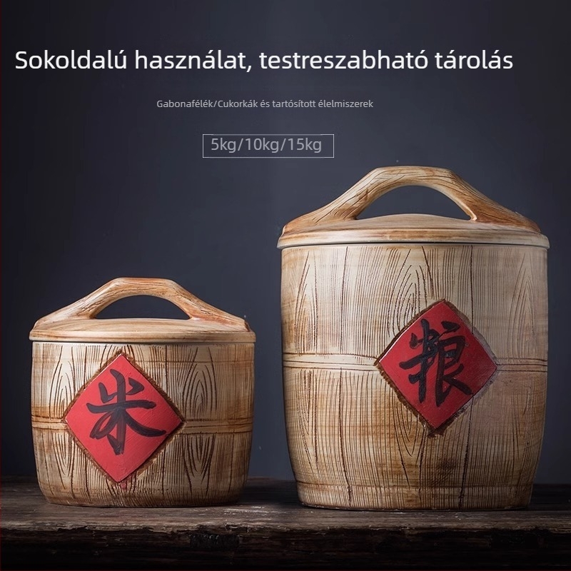 Kerámia rizs tartó edény fedővel, 5–15 kg kapacitás, zárható tárolás, új kínai stílusú dizájn