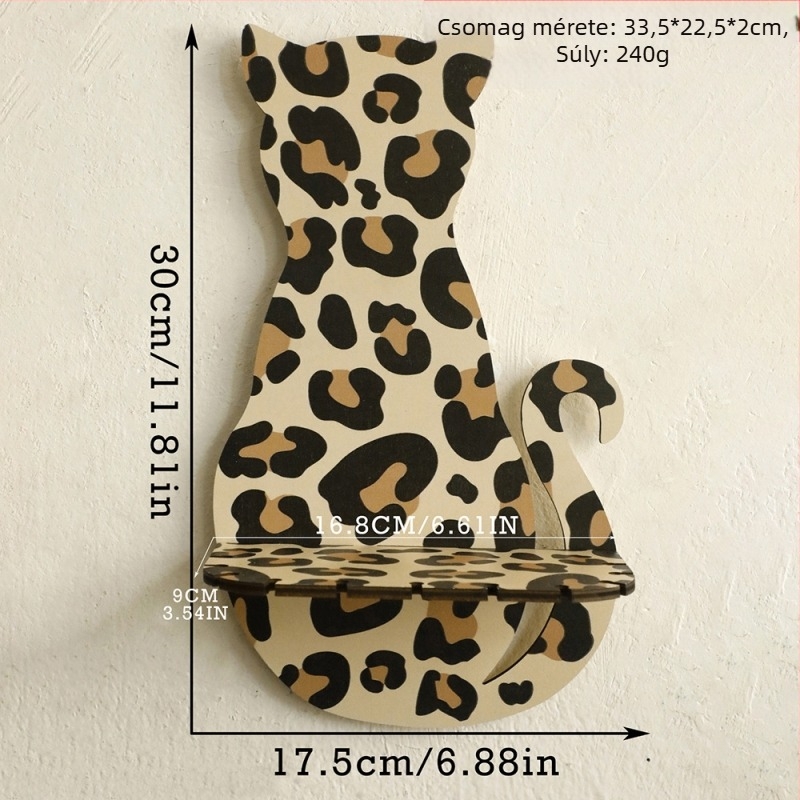 Fa falra szerelhető macska alakú polc leopard mintával és kristályos díszítéssel