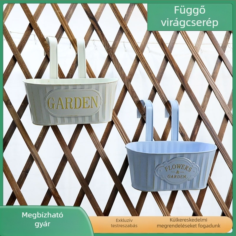 Ovális függő virágtartó kettős kampókkal, levehető erkélyre szerelhető, vasból készült virágcserép